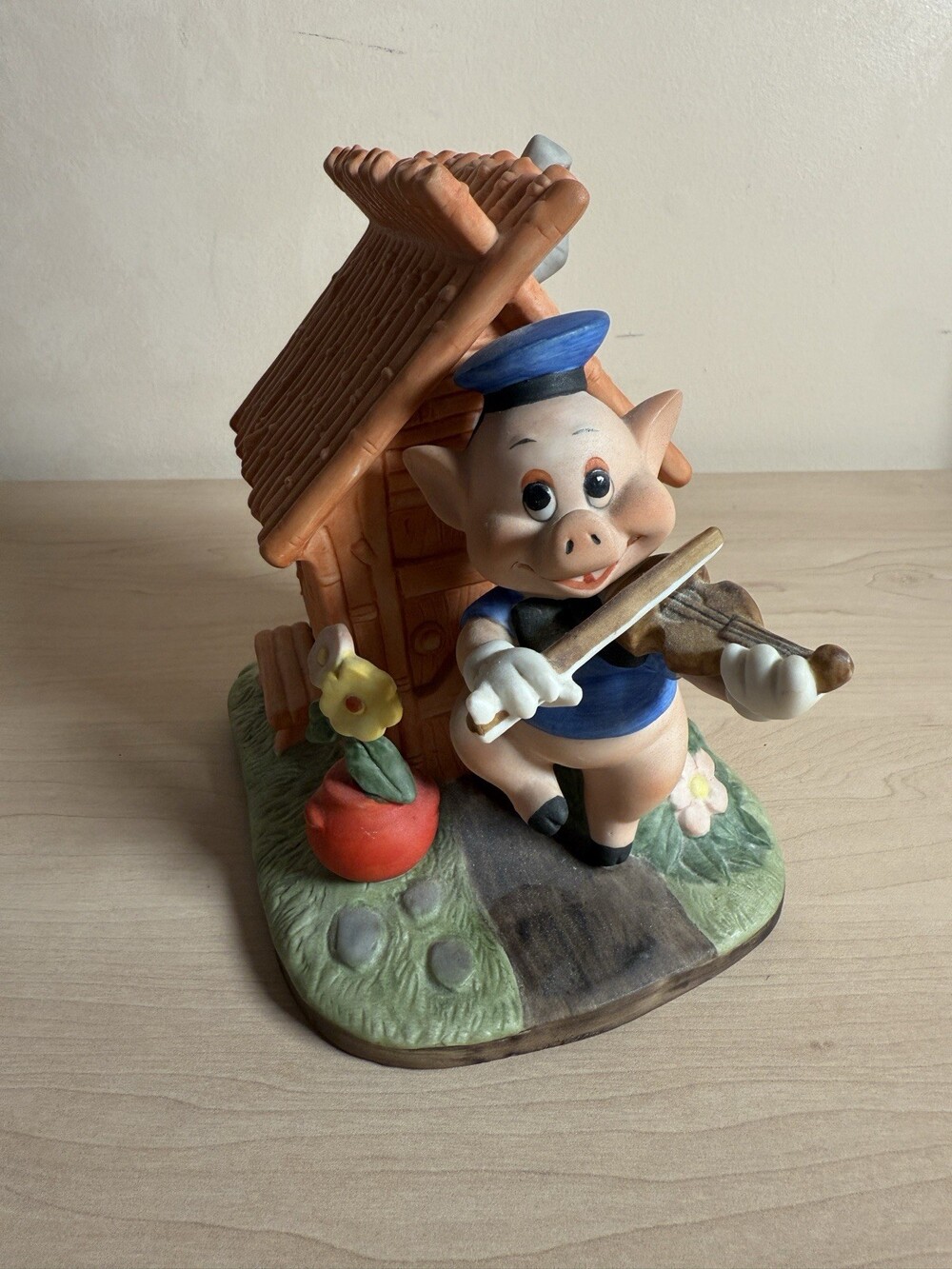Vintage Disney Porcelain Three Little Pigs Wood Stick House Music Box Works